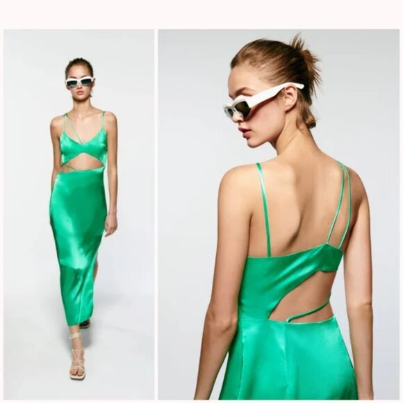 Zara Dresses & Skirts - Zara | Asymmetric Satin Finish Dress in green